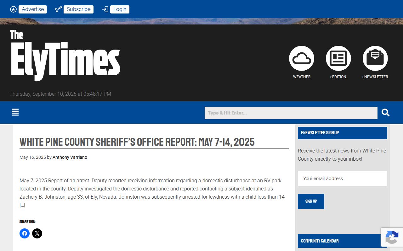 Ely Times multi-day White Pine County Sheriff arrest report date range