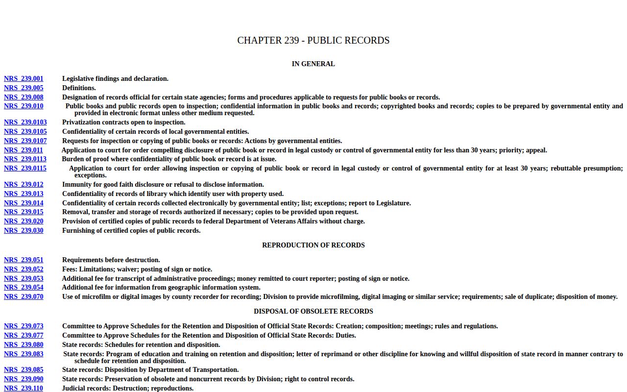 Nevada NRS 239 law for White Pine County arrest records